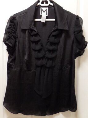 *NWoT* M by Marc Bouwer XL 18 20 BLACK Chiffon Short Sleeved Ruffle Front Blouse